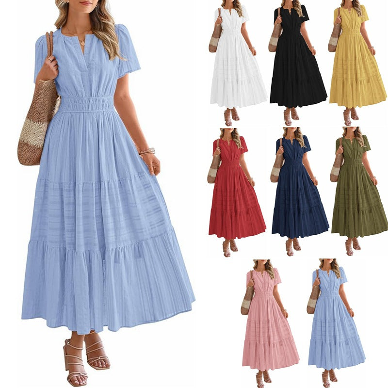 ⏰Hot Sale 50% OFF🎉Women's Lightweight Short Sleeve V Neck Elastic Waist Dress